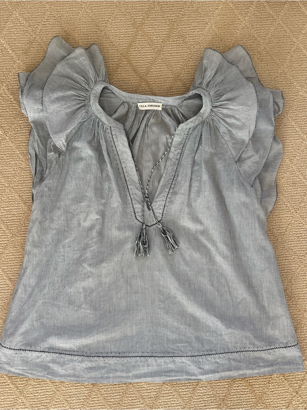 Ulla Johnson Light Blue Striped Tassel Flutter Sleeve Top - Picture 4 of 5